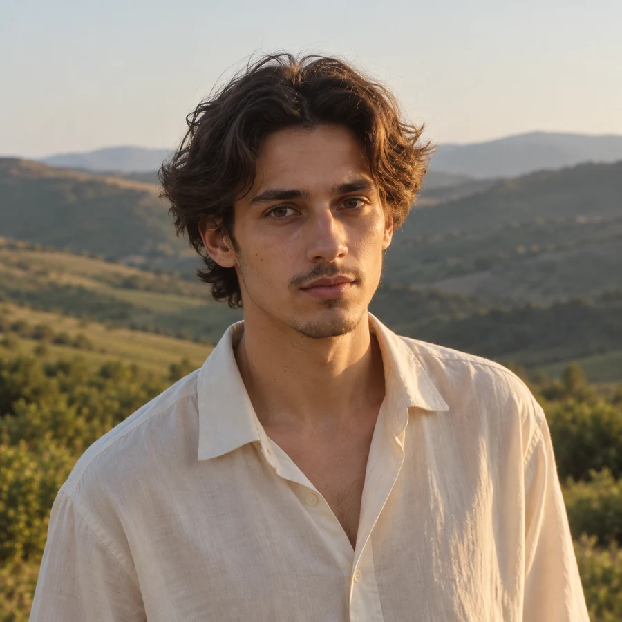 Portrait of Adrian Velden in a cream shirt, with sunlit hills behind him