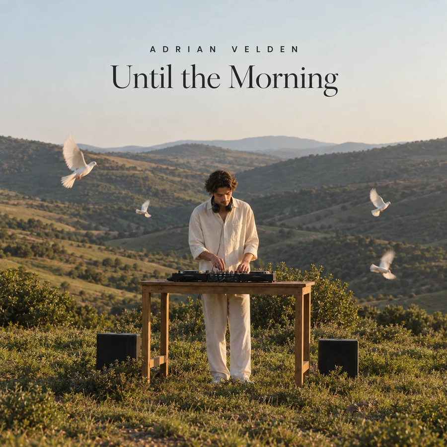 Until the Morning: Adrian Velden at a wooden DJ table in sunlit green hills